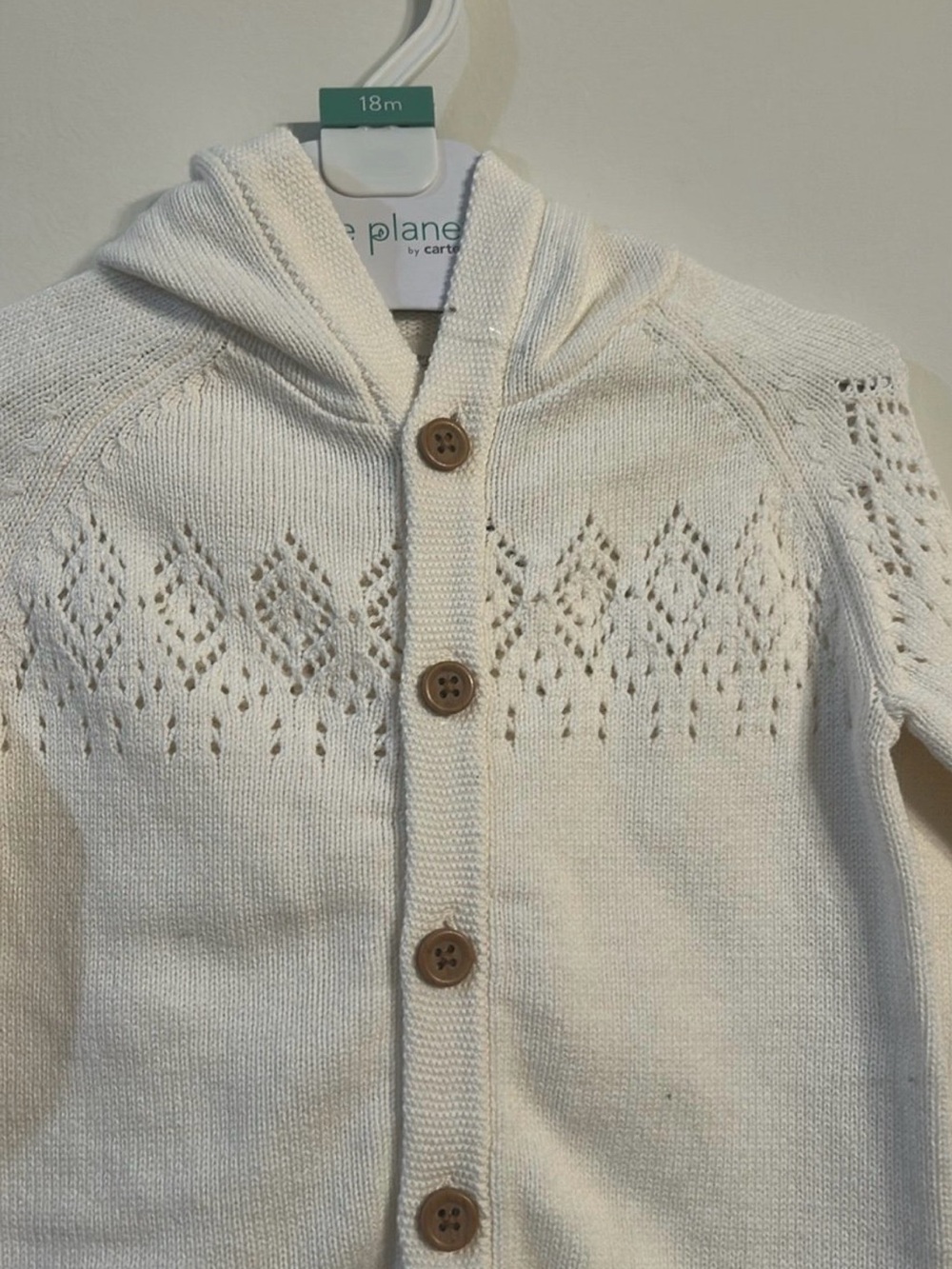 Carter's “Little Planet” Cream Hooded Knit Cardigan with Eyelet Diamond Pattern